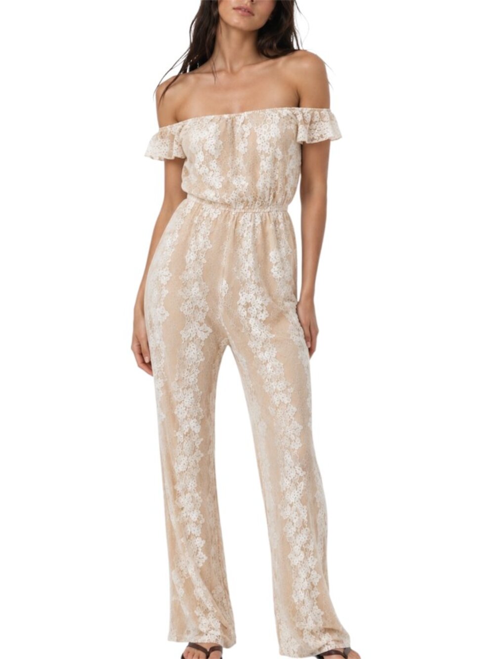 4SI3NNA Nude Beige Floral Lace Off Shoulder Wide Leg Lace Jumpsuit Romper L